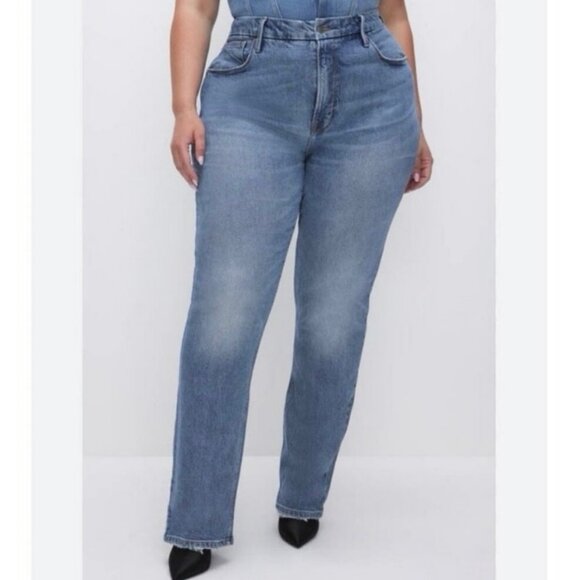 Good American Good Curve Straight Jeans Blue High Rise Raw Hem Size 18 EUC - Picture 1 of 7